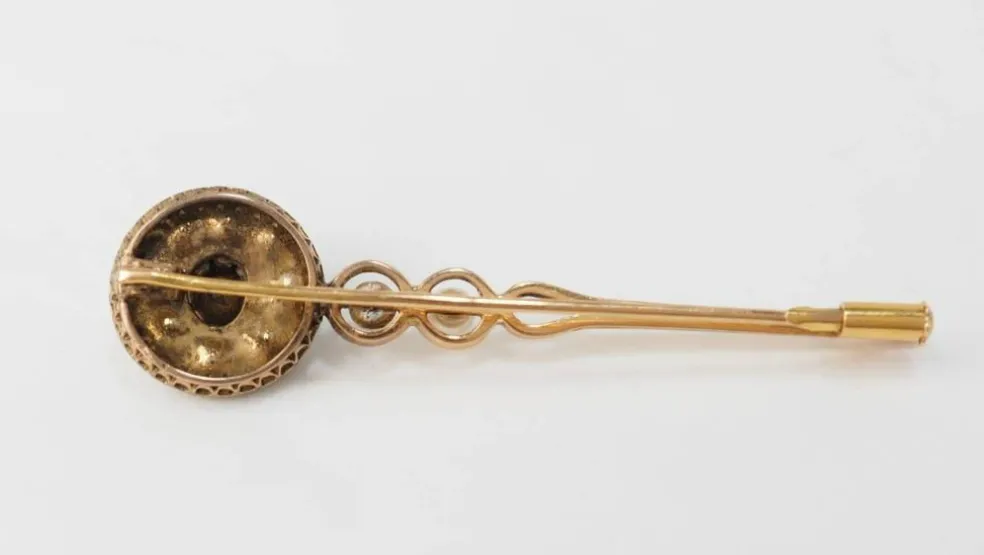Broche barrette ancienne en or jaune, diamants et perle de culture