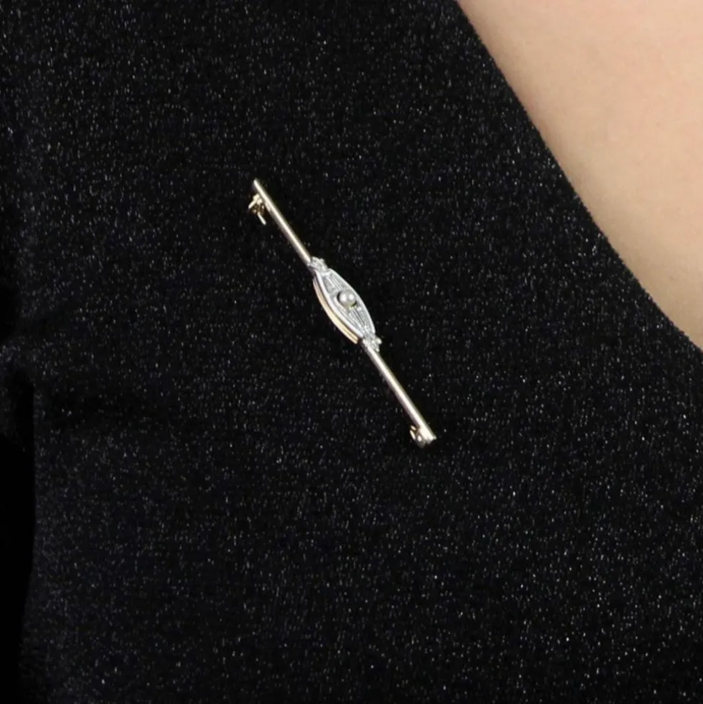 Broche barrette ancienne en or diamants et perle