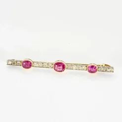 Broche barrette art déco or jaune et platine rubis diamants