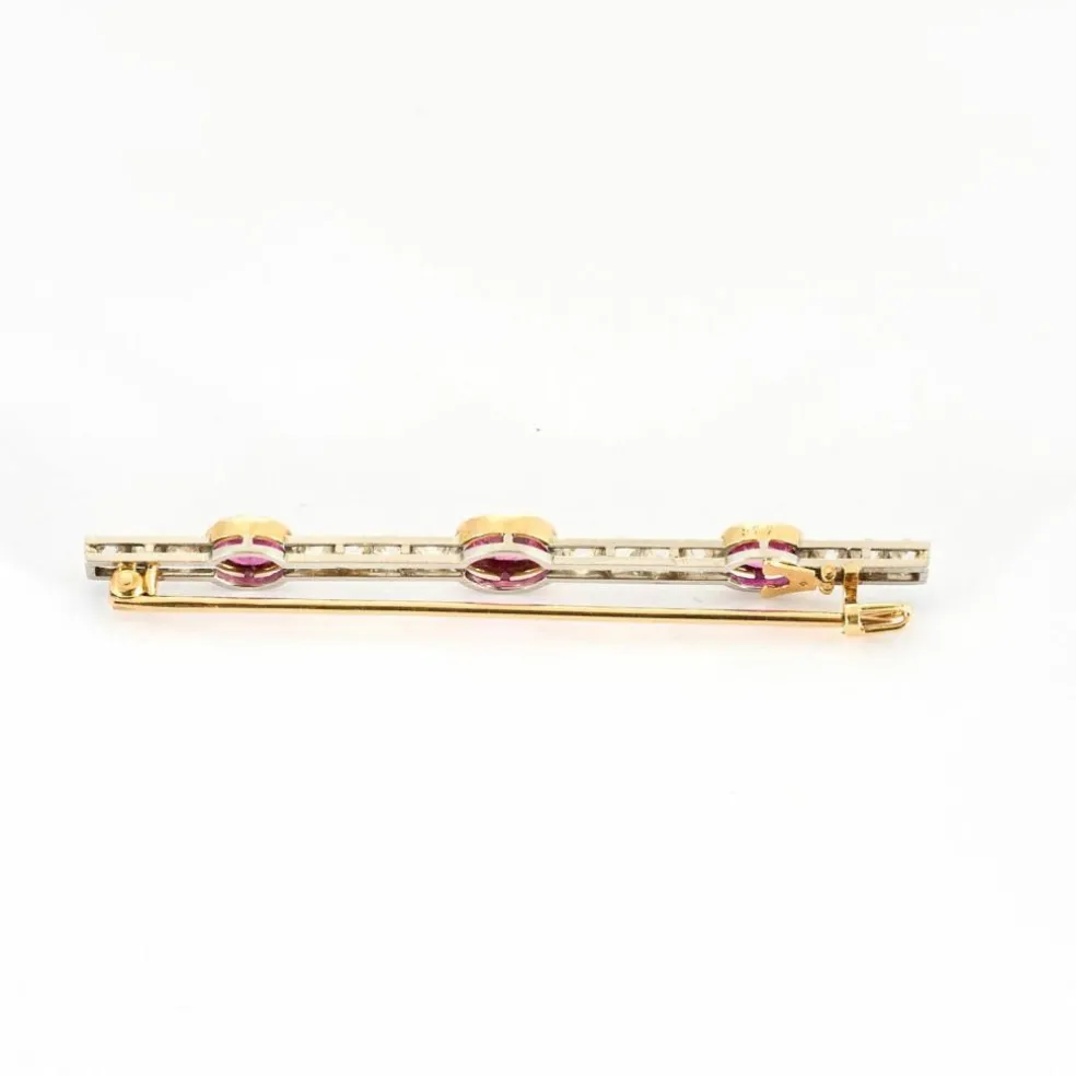 Broche barrette art déco or jaune et platine rubis diamants