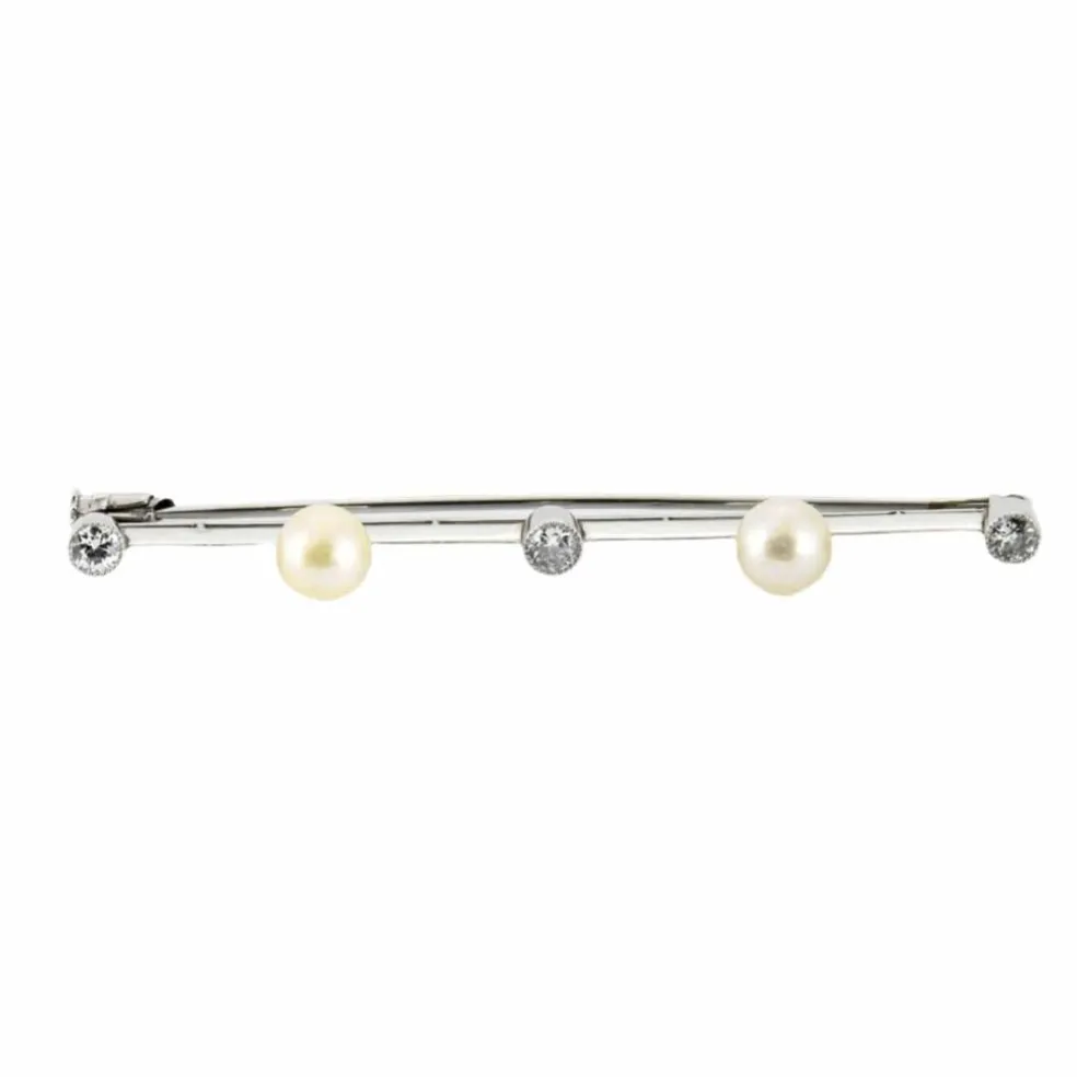 Broche barrette or blanc, perles et diamants