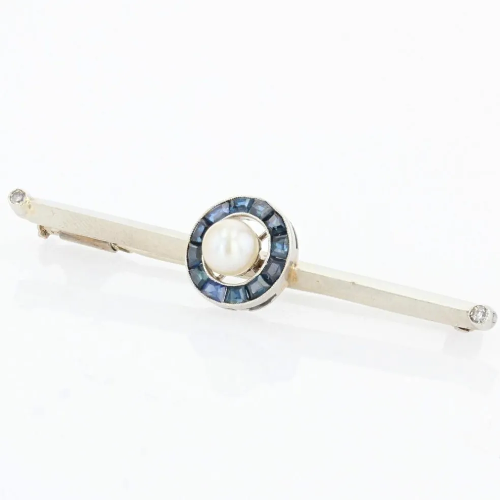 Broche barrette perle et saphirs calibrés