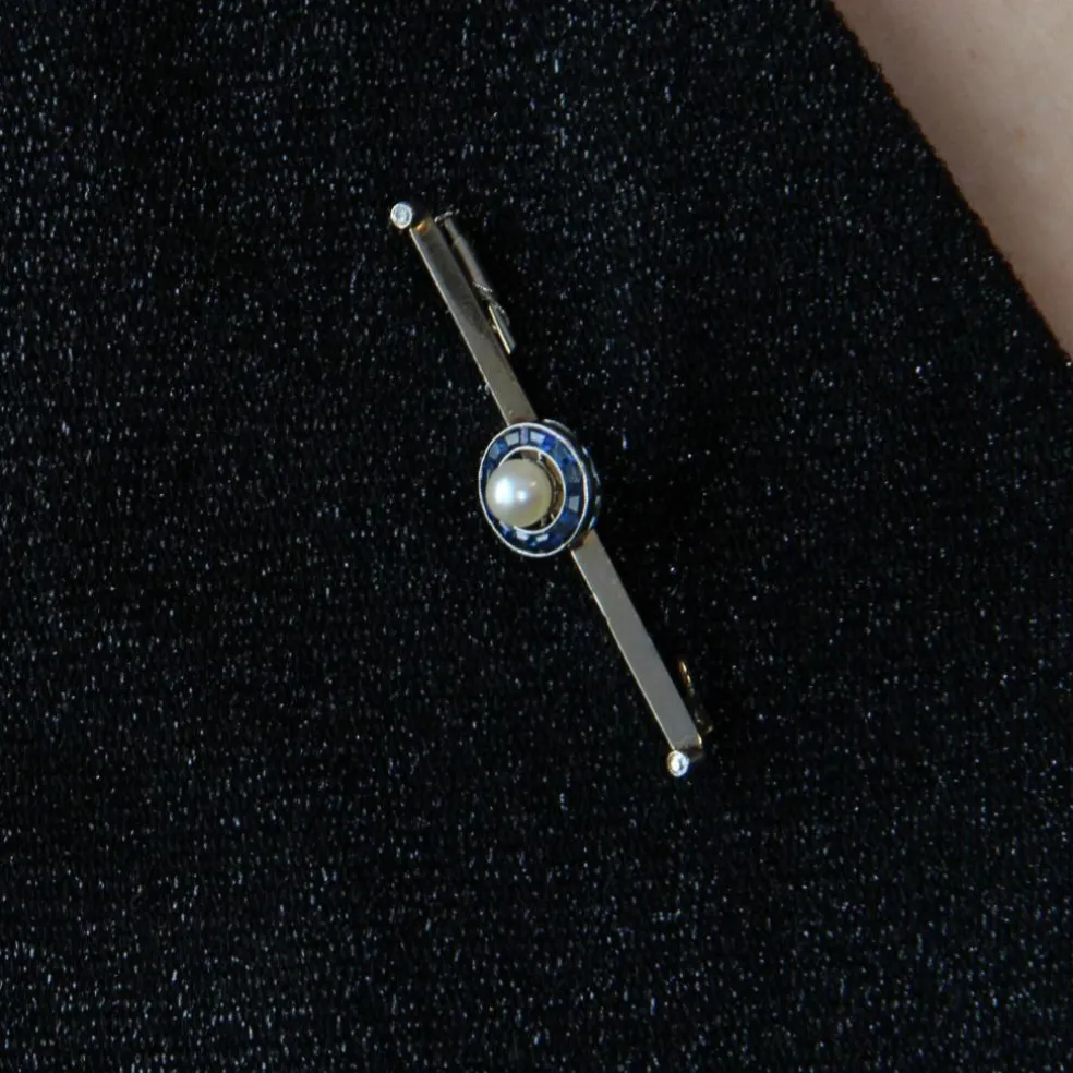 Broche barrette perle et saphirs calibrés