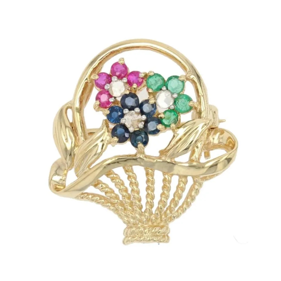 Broche bouquet or jaune saphirs rubis émeraudes
