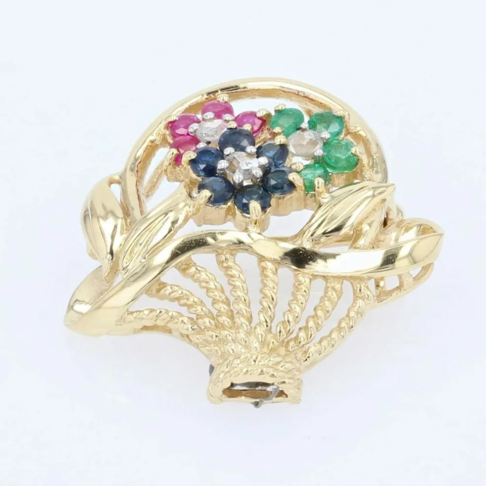 Broche bouquet or jaune saphirs rubis émeraudes