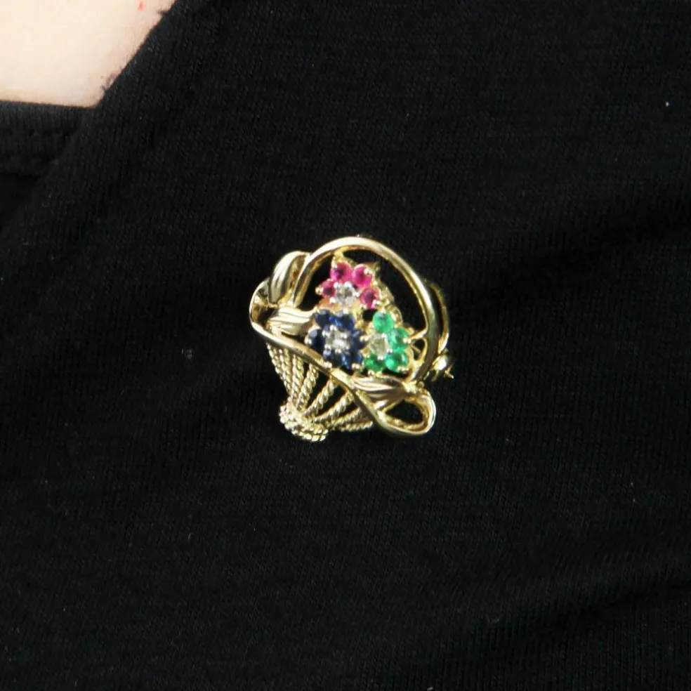 Broche bouquet or jaune saphirs rubis émeraudes