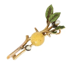 Broche branche de citronnier émail et perles fines