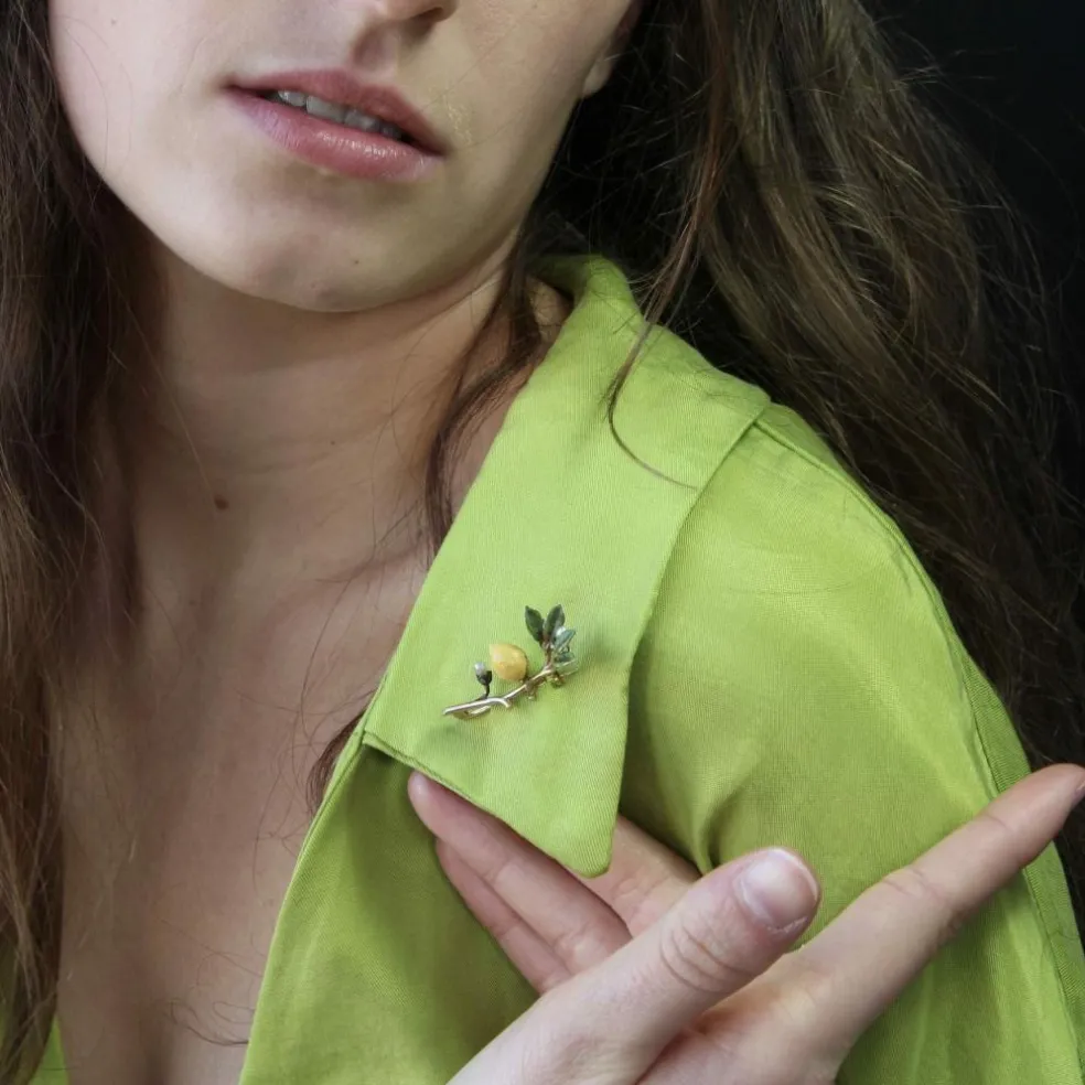Broche branche de citronnier émail et perles fines