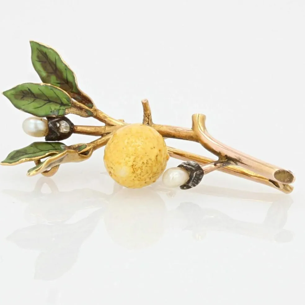 Broche branche de citronnier émail et perles fines