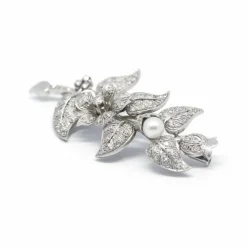 Broche branche florale or blanc diamants et perles