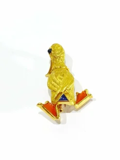 Broche Canard or jaune, corail, saphirs