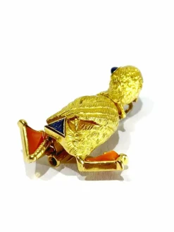 Broche Canard or jaune, corail, saphirs