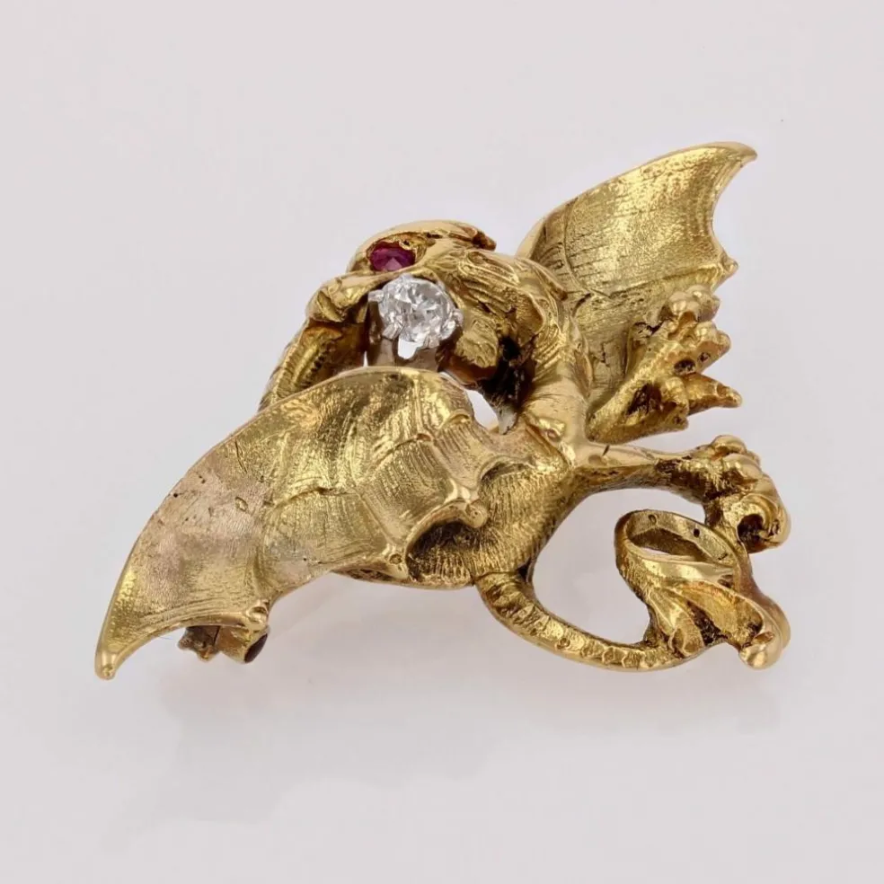 Broche Chimère ancienne diamant et rubis