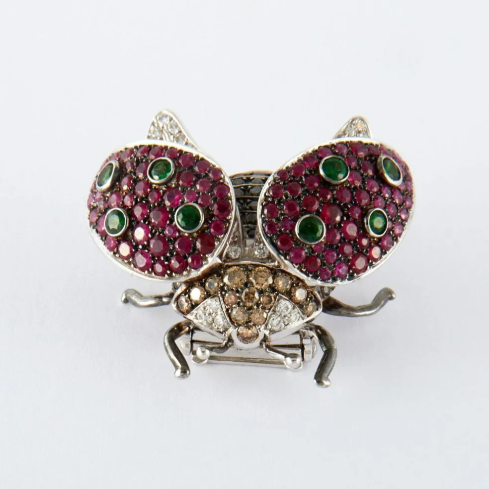 Broche "Coccinelle" Or Blanc, Rubis, Tsavorites & Diamants