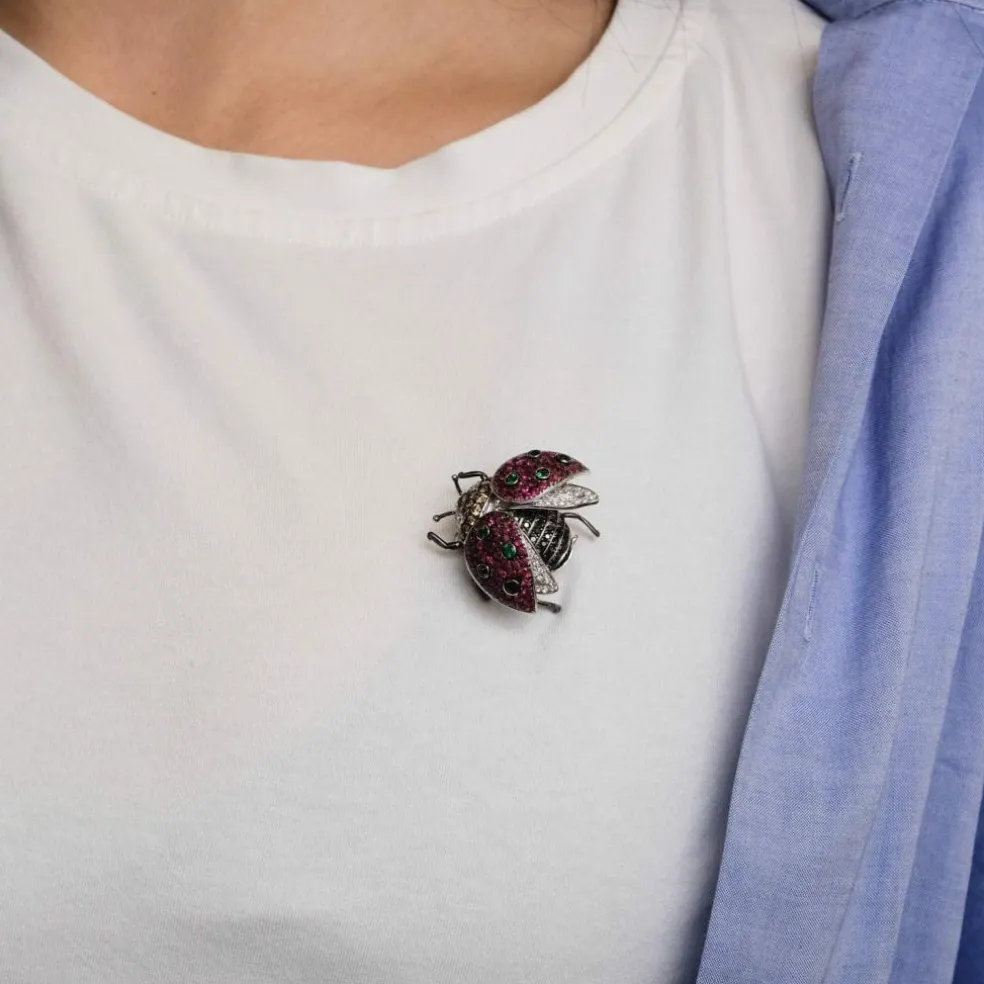 Broche "Coccinelle" Or Blanc, Rubis, Tsavorites & Diamants