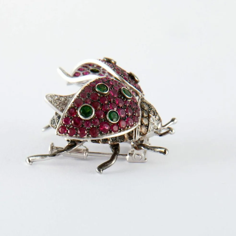 Broche "Coccinelle" Or Blanc, Rubis, Tsavorites & Diamants