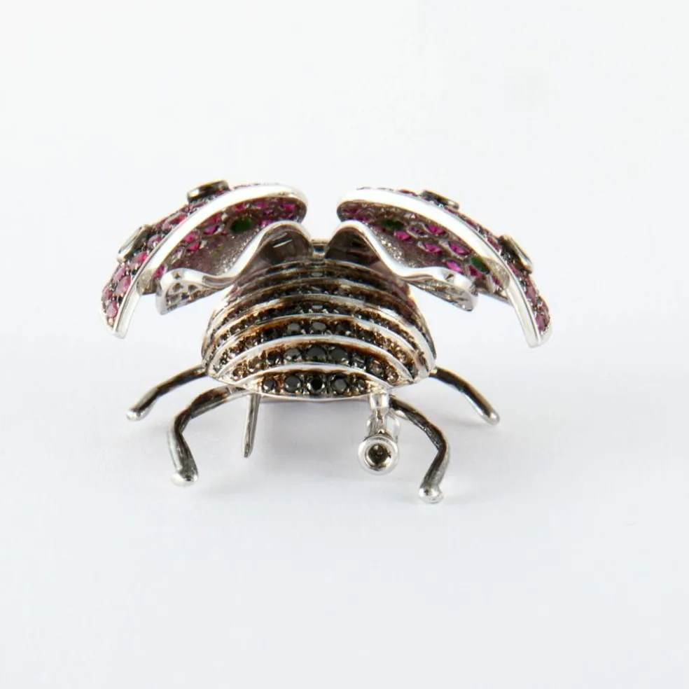 Broche "Coccinelle" Or Blanc, Rubis, Tsavorites & Diamants
