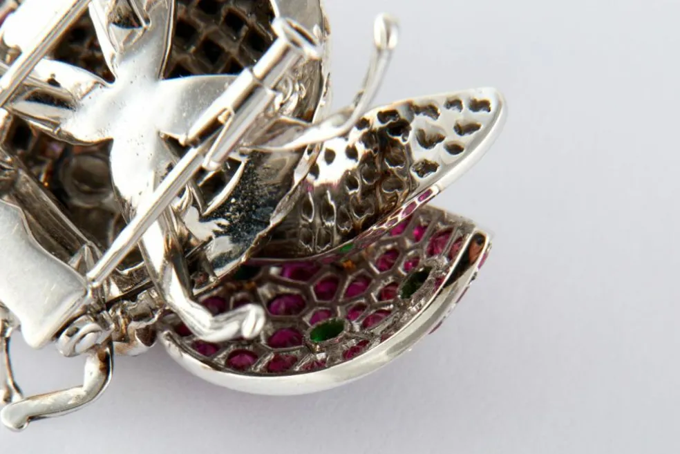 Broche "Coccinelle" Or Blanc, Rubis, Tsavorites & Diamants