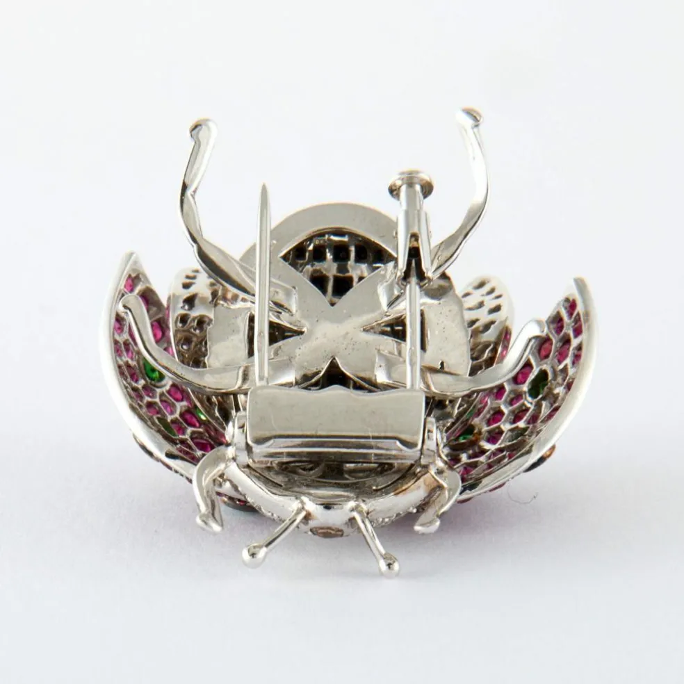 Broche "Coccinelle" Or Blanc, Rubis, Tsavorites & Diamants