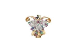 Broche cocktail vintage en or jaune avec diamants, rubis, saphirs et émeraudes
