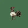 Broche Coq, diamants taille rose et rubis