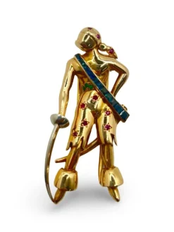 Broche créateur en or jaune et pierres précieuses