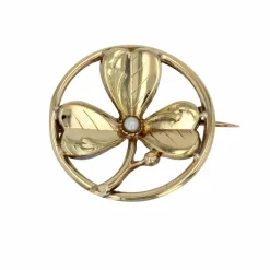 Broche de col or jaune trèfle perle