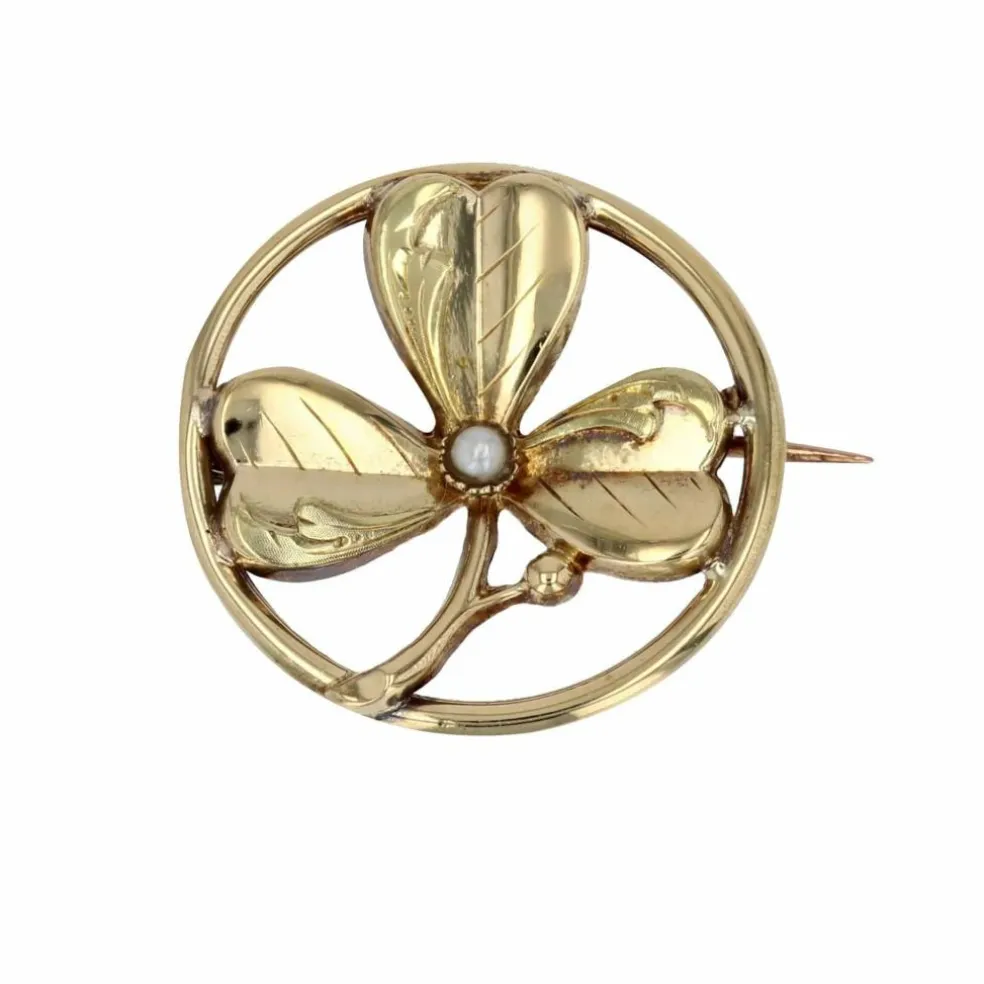 Broche de col or jaune trèfle perle