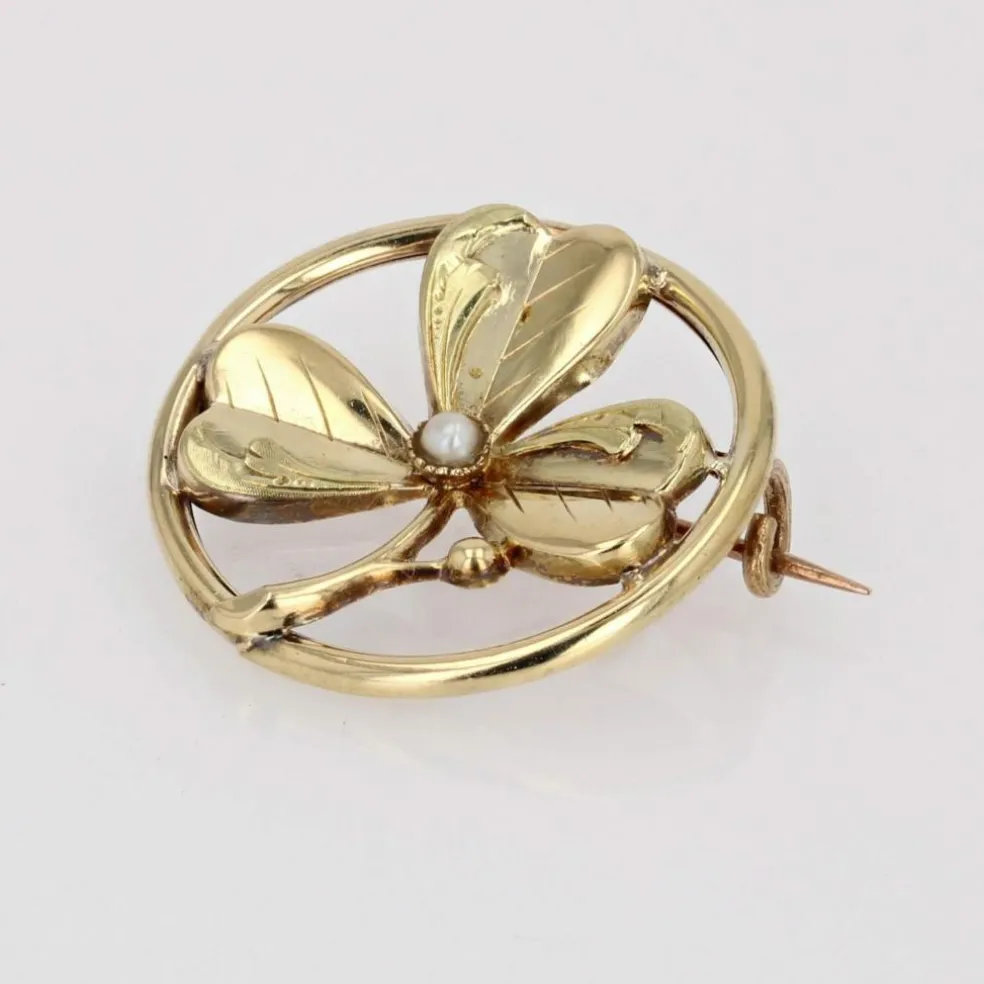 Broche de col or jaune trèfle perle