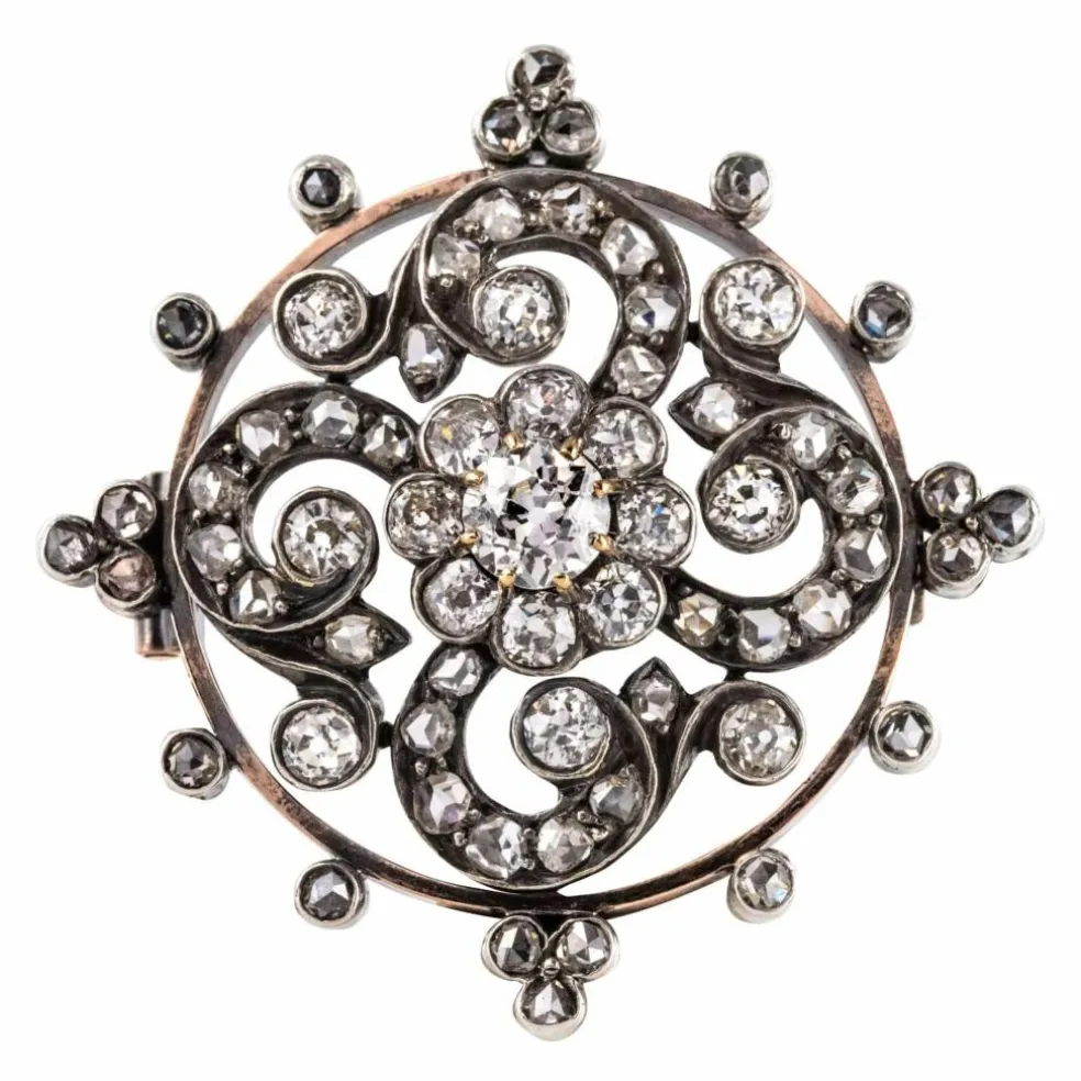 Broche diamants ancienne or rose et argent