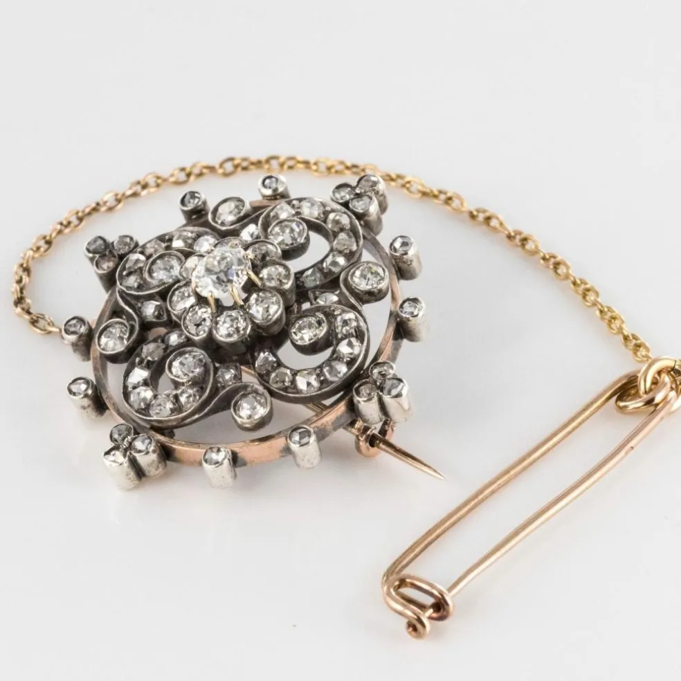 Broche diamants ancienne or rose et argent