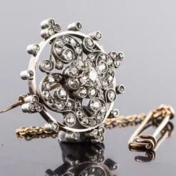 Broche diamants ancienne or rose et argent
