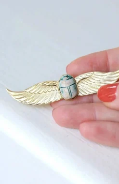 Broche Egyptomanie Or et Scarabée Amulette Fritte