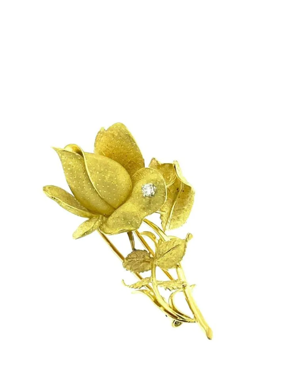 Broche en forme de rose en or jaune et blanc avec diamants
