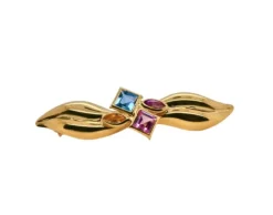 Broche en or jaune 18 carats, ornée de topaze bleue, tourmalines roses et quartz orange