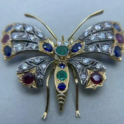Broche en or jaune argent diamants pierres de couleurs