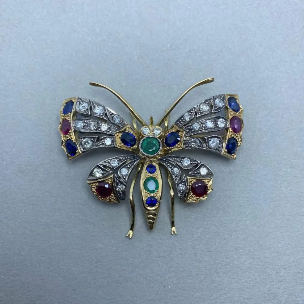 Broche en or jaune argent diamants pierres de couleurs