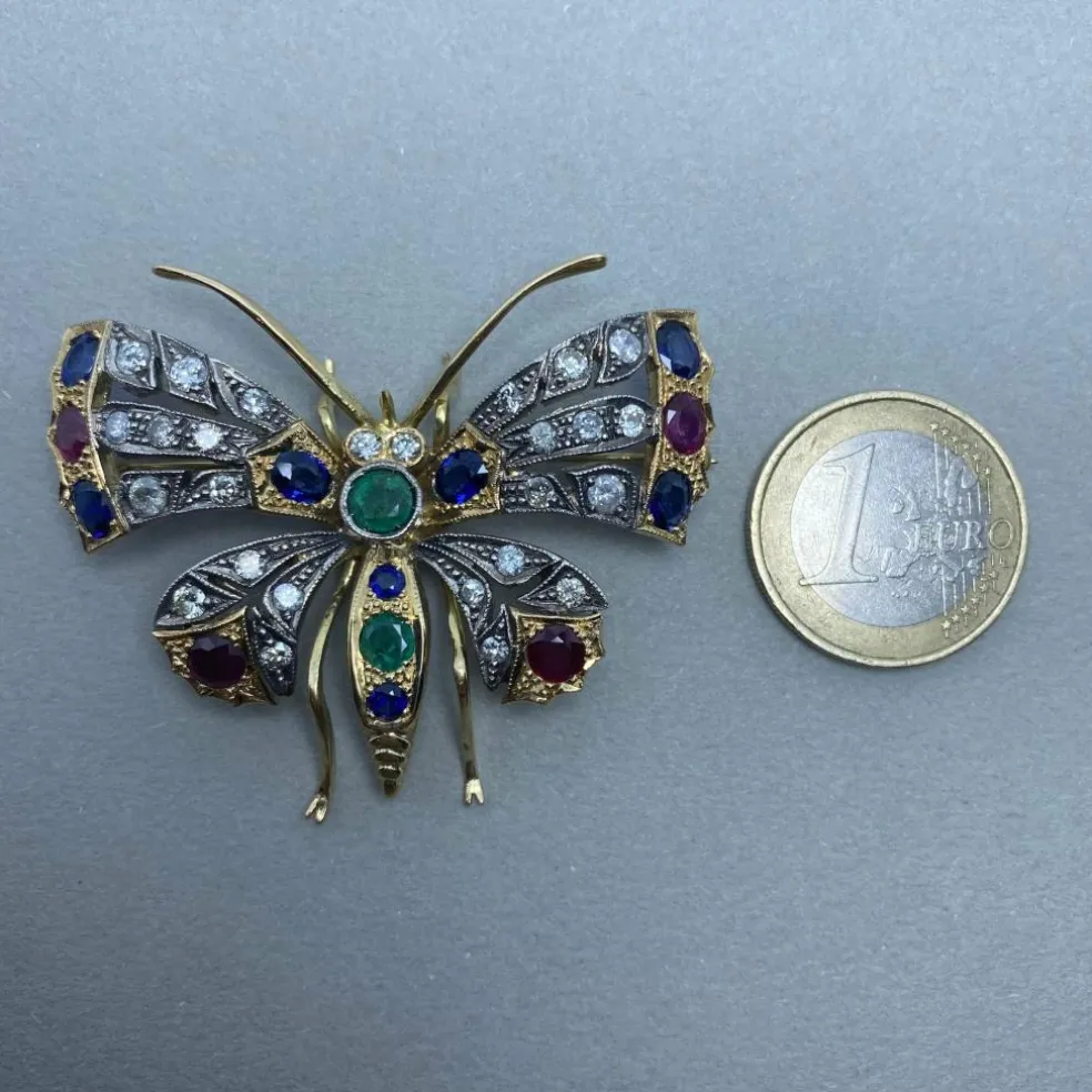Broche en or jaune argent diamants pierres de couleurs