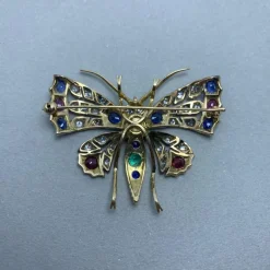 Broche en or jaune argent diamants pierres de couleurs