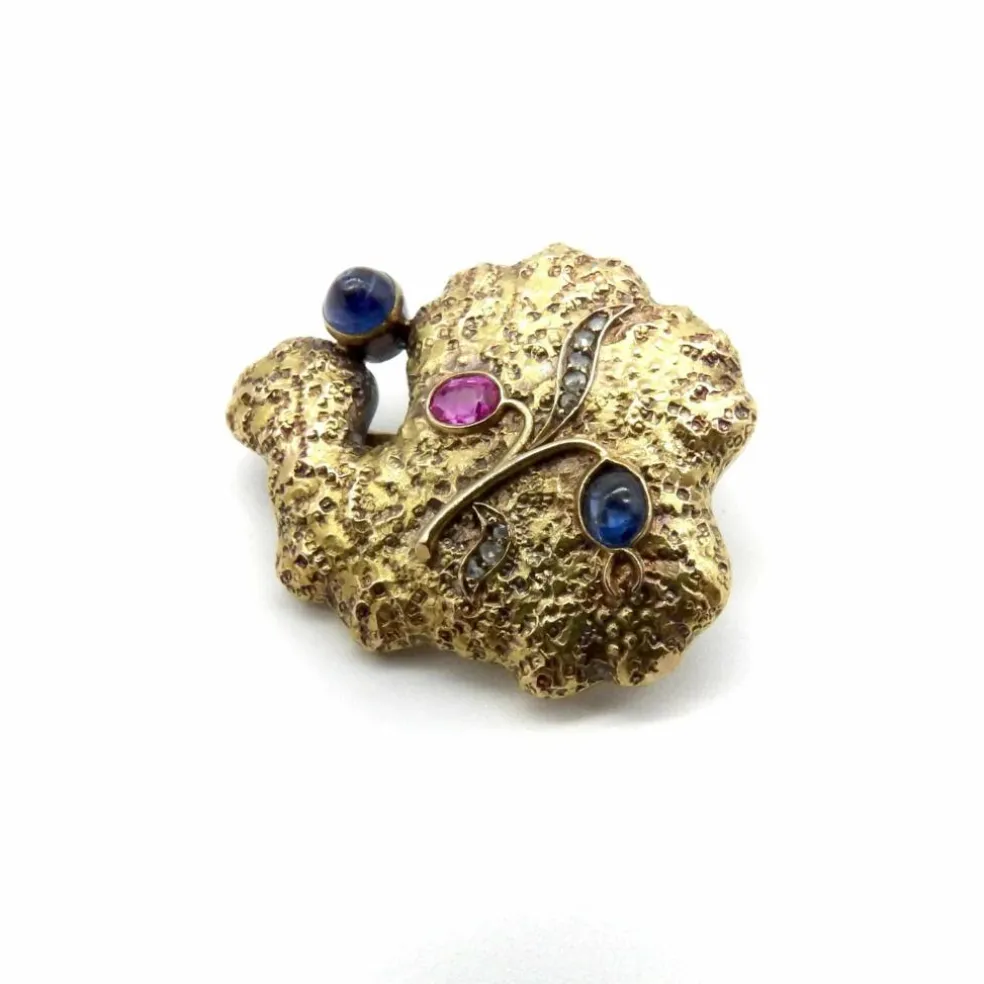 Broche en or russe avec saphir, diamant et rubis biologique
