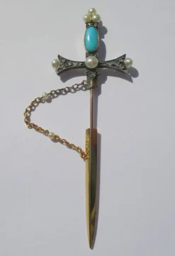 Broche epingle diamants, perles & turquoise