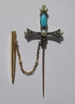 Broche epingle diamants, perles & turquoise