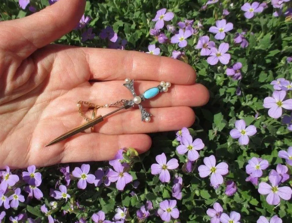 Broche epingle diamants, perles & turquoise