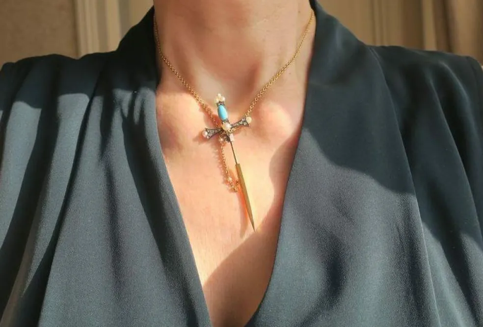 Broche epingle diamants, perles & turquoise