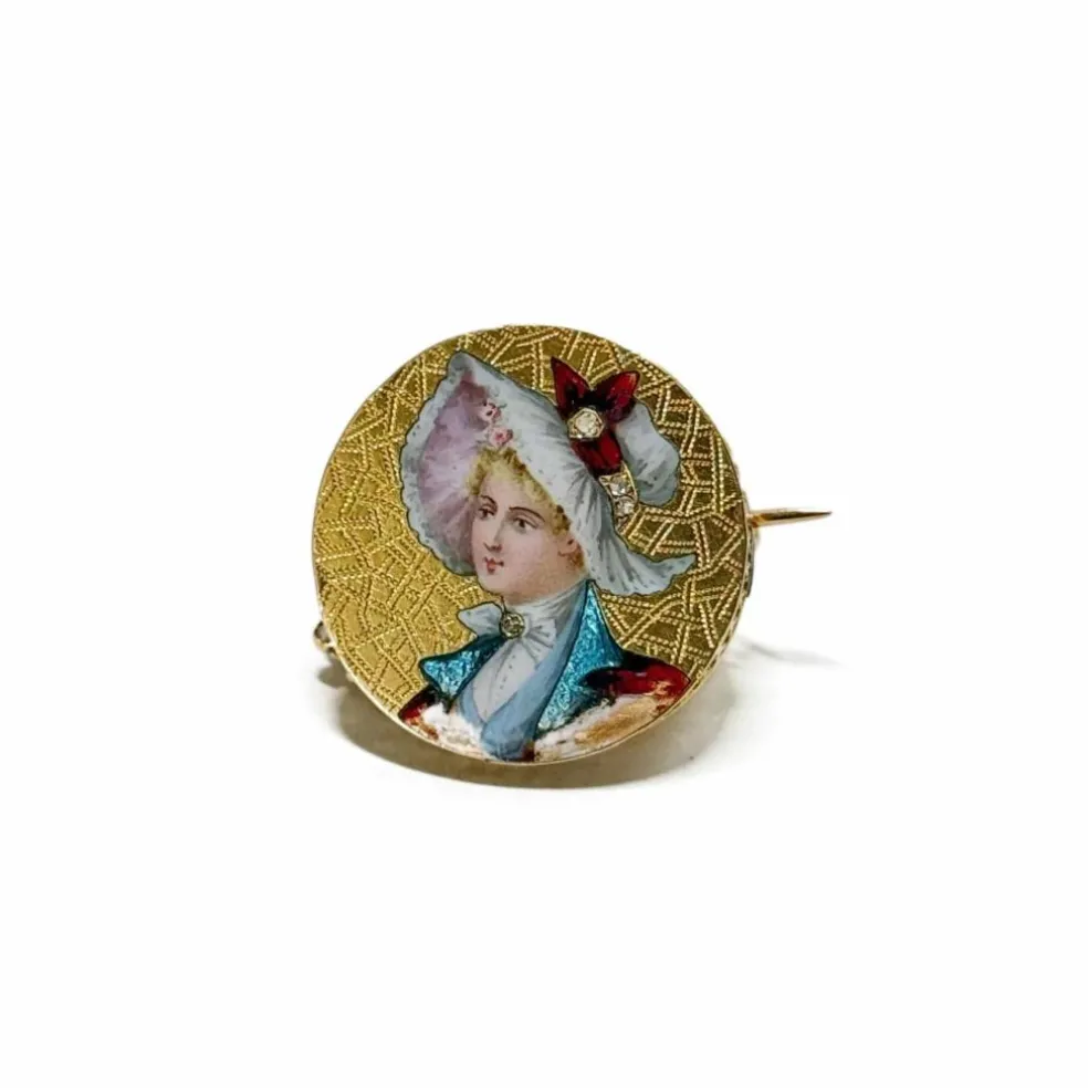 Broche "Femme au chapeau" en Or jaune et Email