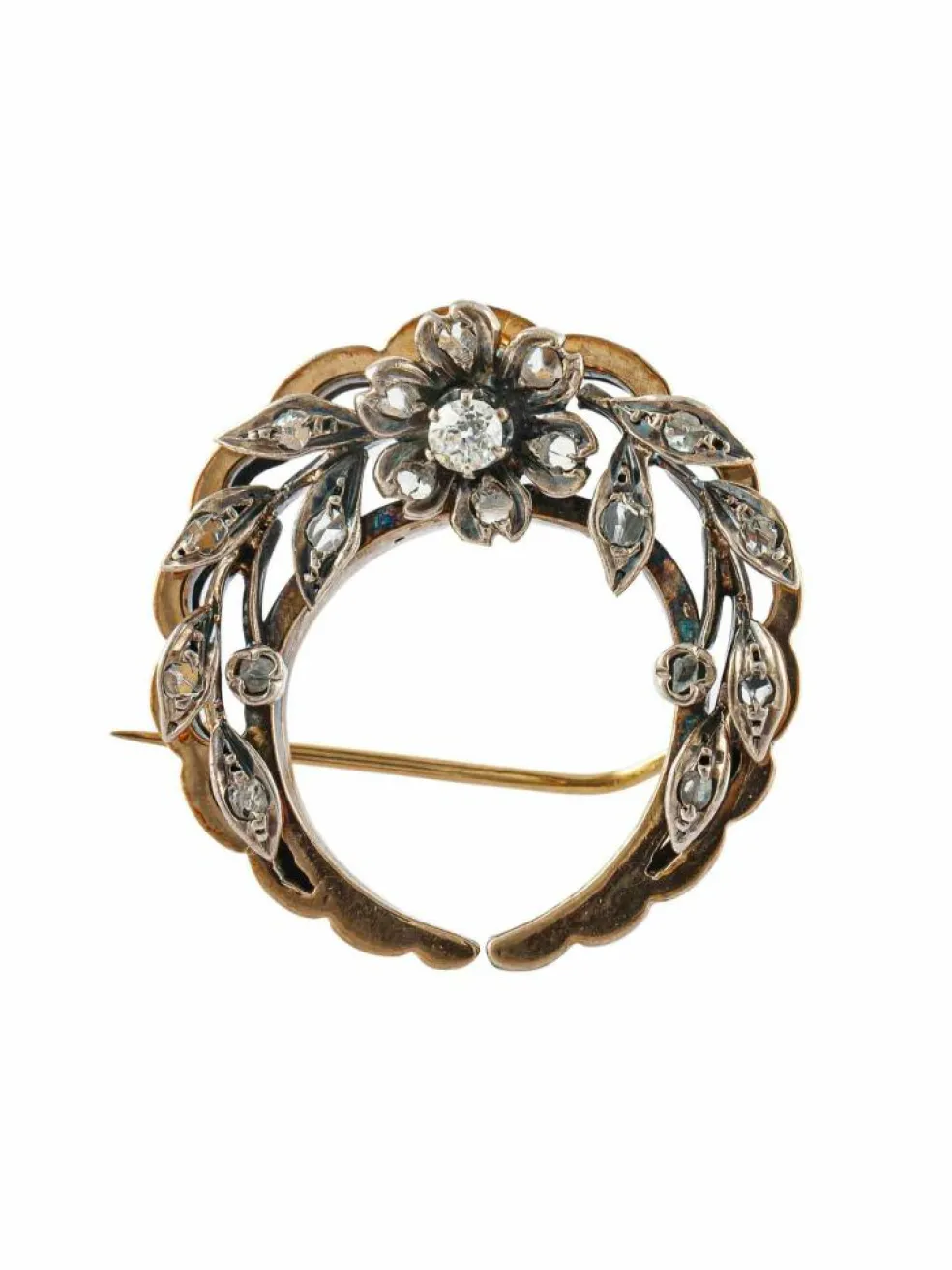 Broche Fleur Ancienne Or/Argent et Diamants.