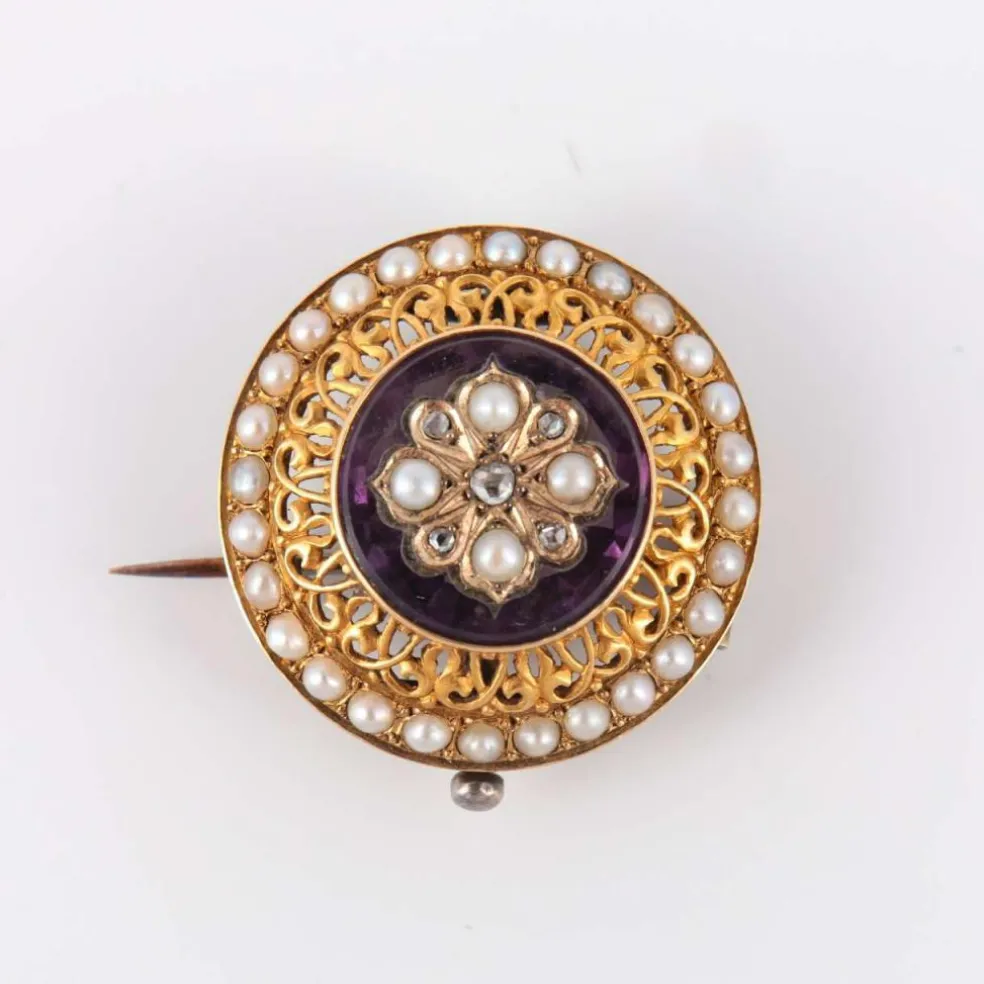 Broche Fleur d'améthyste Perles Diamants