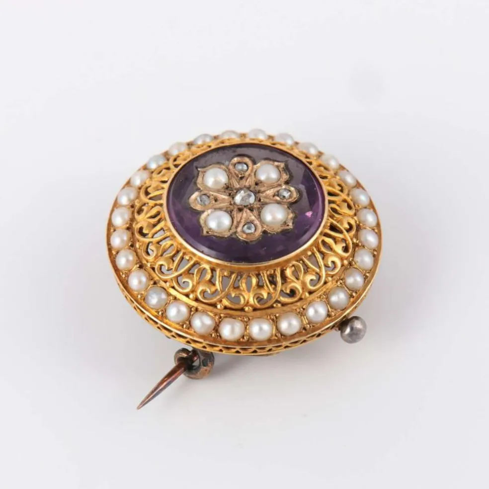Broche Fleur d'améthyste Perles Diamants