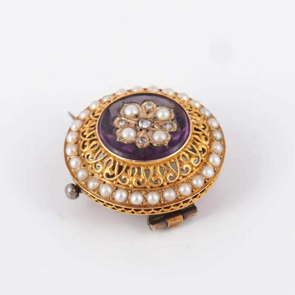 Broche Fleur d'améthyste Perles Diamants