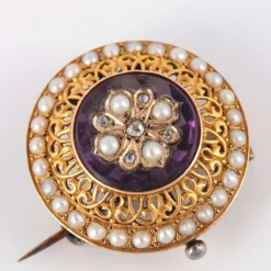Broche Fleur d'améthyste Perles Diamants